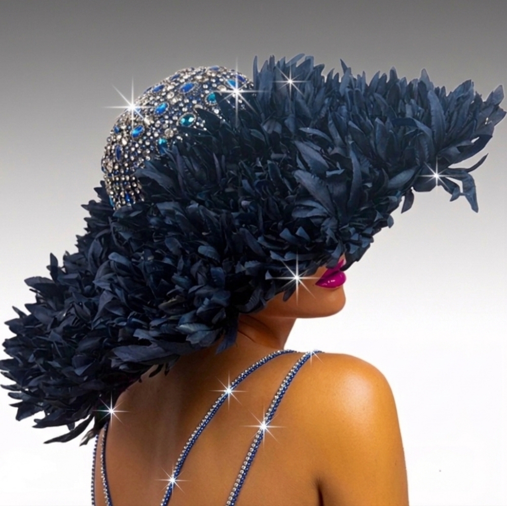 Beloved Millinery Exquisite Avant Garde Feathers Jeweled Navy Masterpiece Hat
